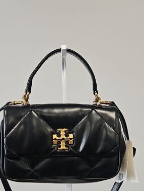 Tory Burch Black Quilted Leather Satchel with Gold Logo